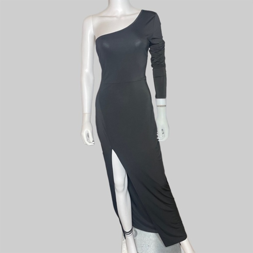 Make Me Chic‎ One Shoulder Body Con Slide Slit Black Maxi Dress